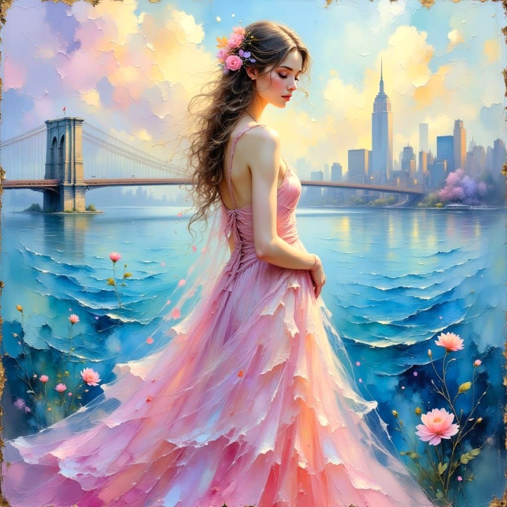 Woman by Hudson River in Ethereal Style Painting