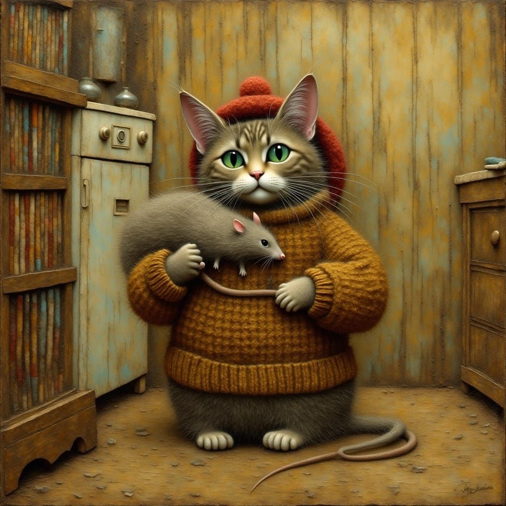 Whimsical Cat in Sweater Holds Giant Mouse