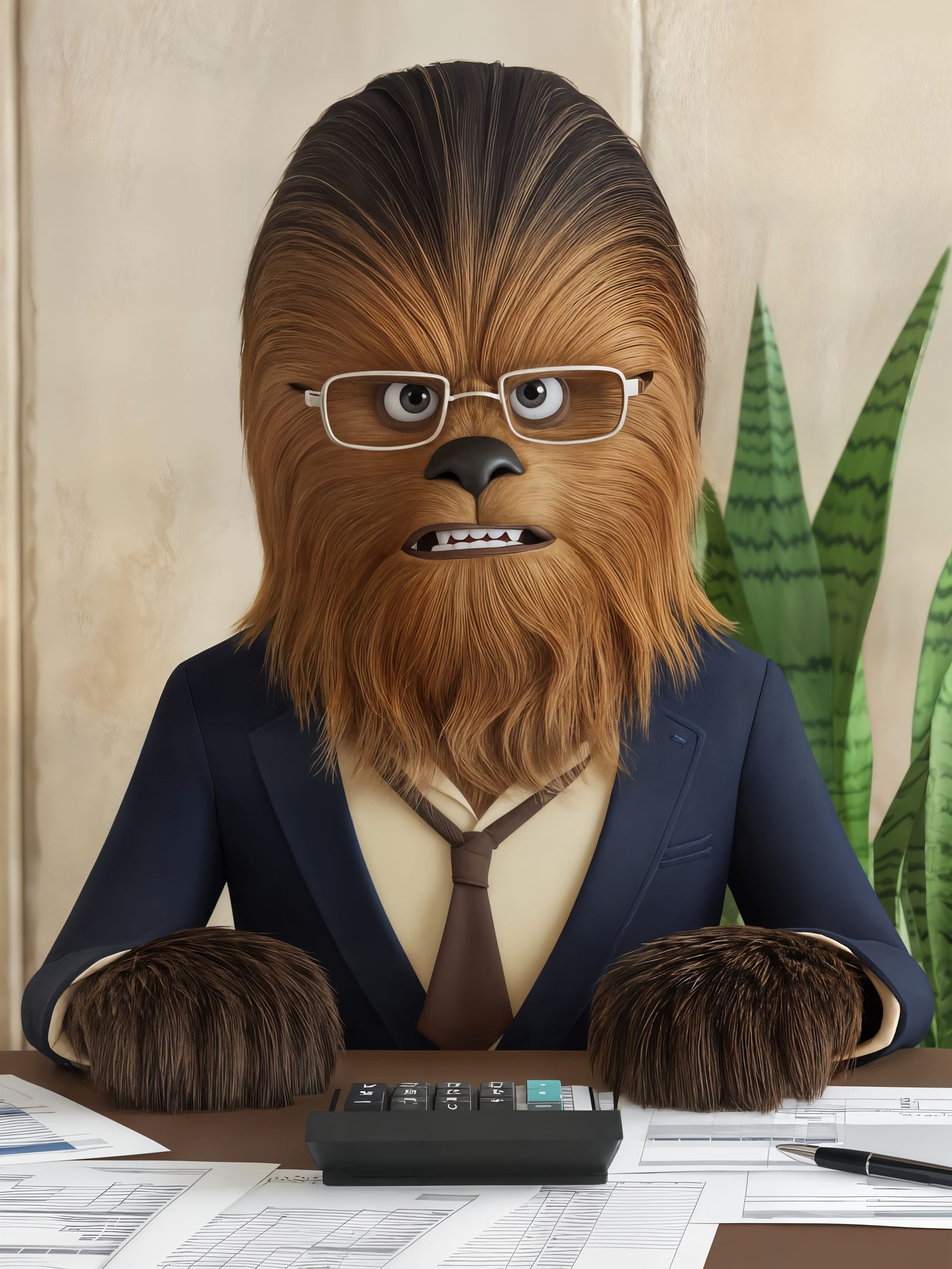 Chewbacca as Accountant in Disney Cartoon Style