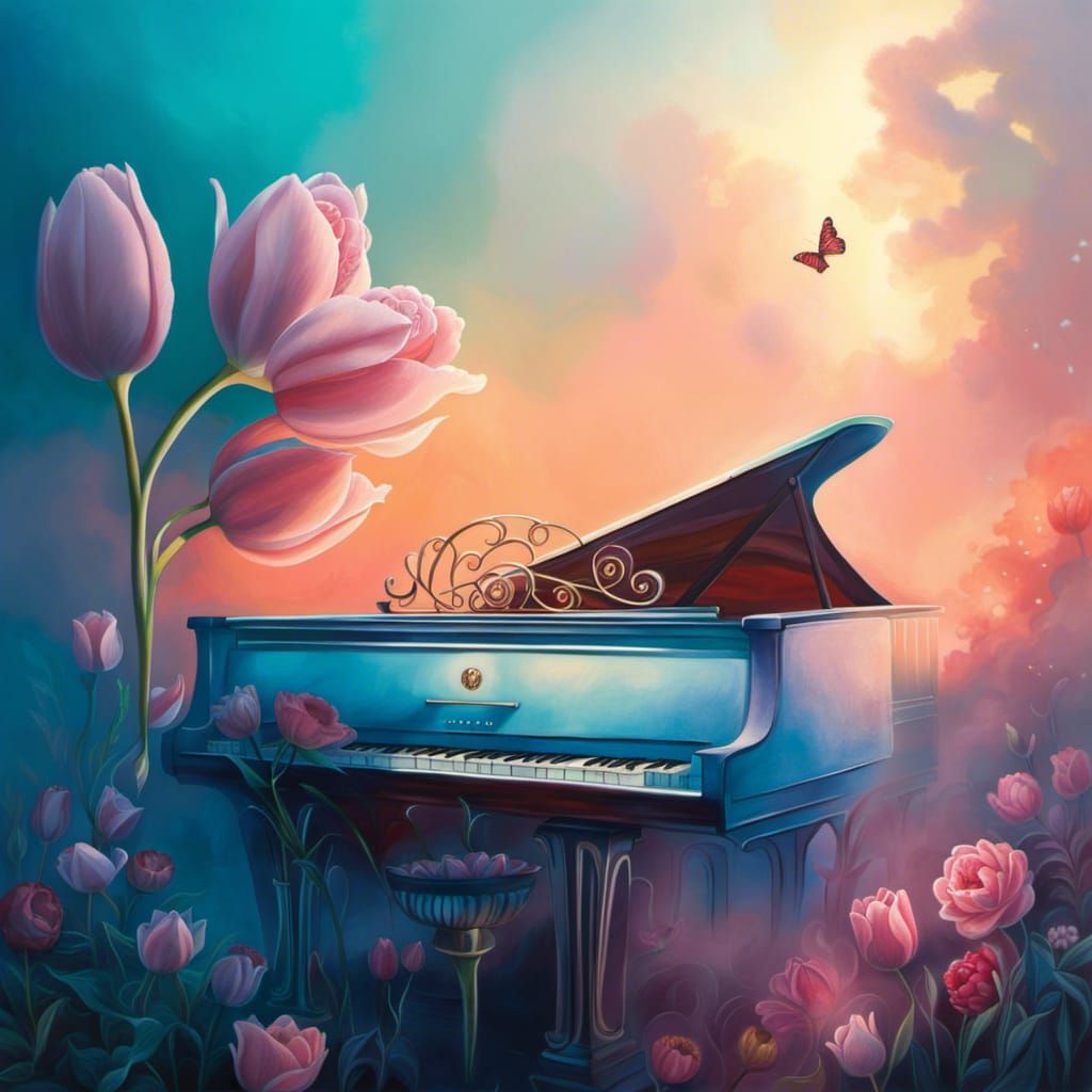Playing piano in tulips field