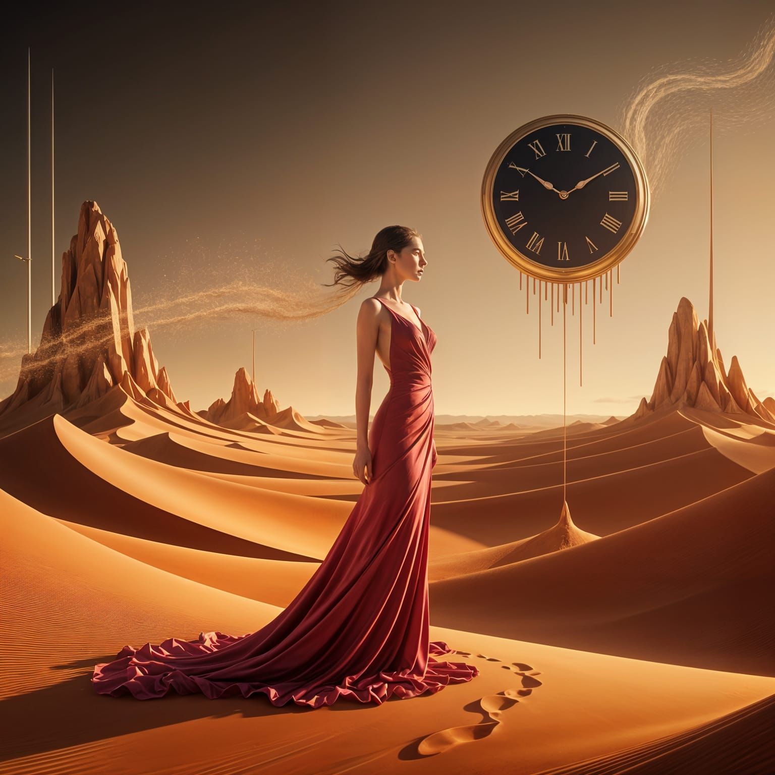 Elegant Woman in Dreamlike Desert Landscape, Digital Art