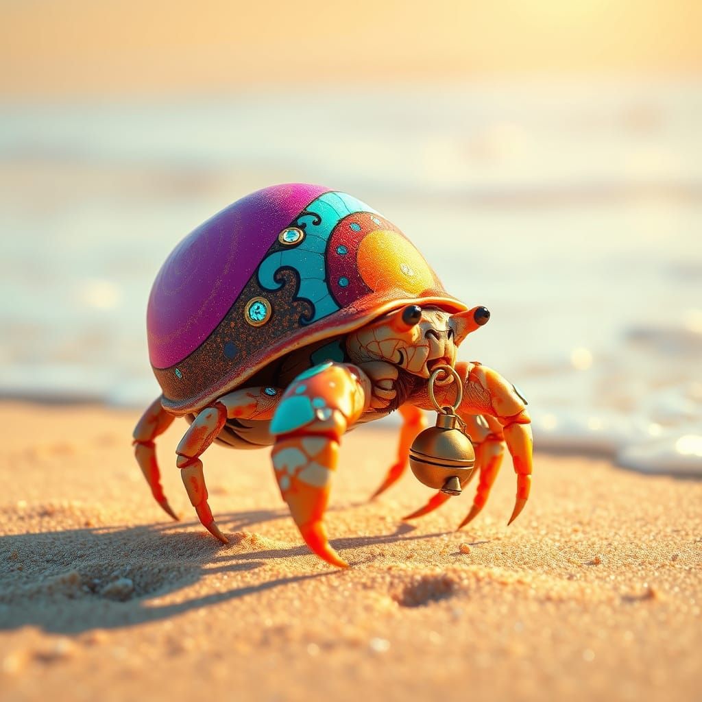 Psychedelic Hermit Crab Strutting on Sunlit Beach