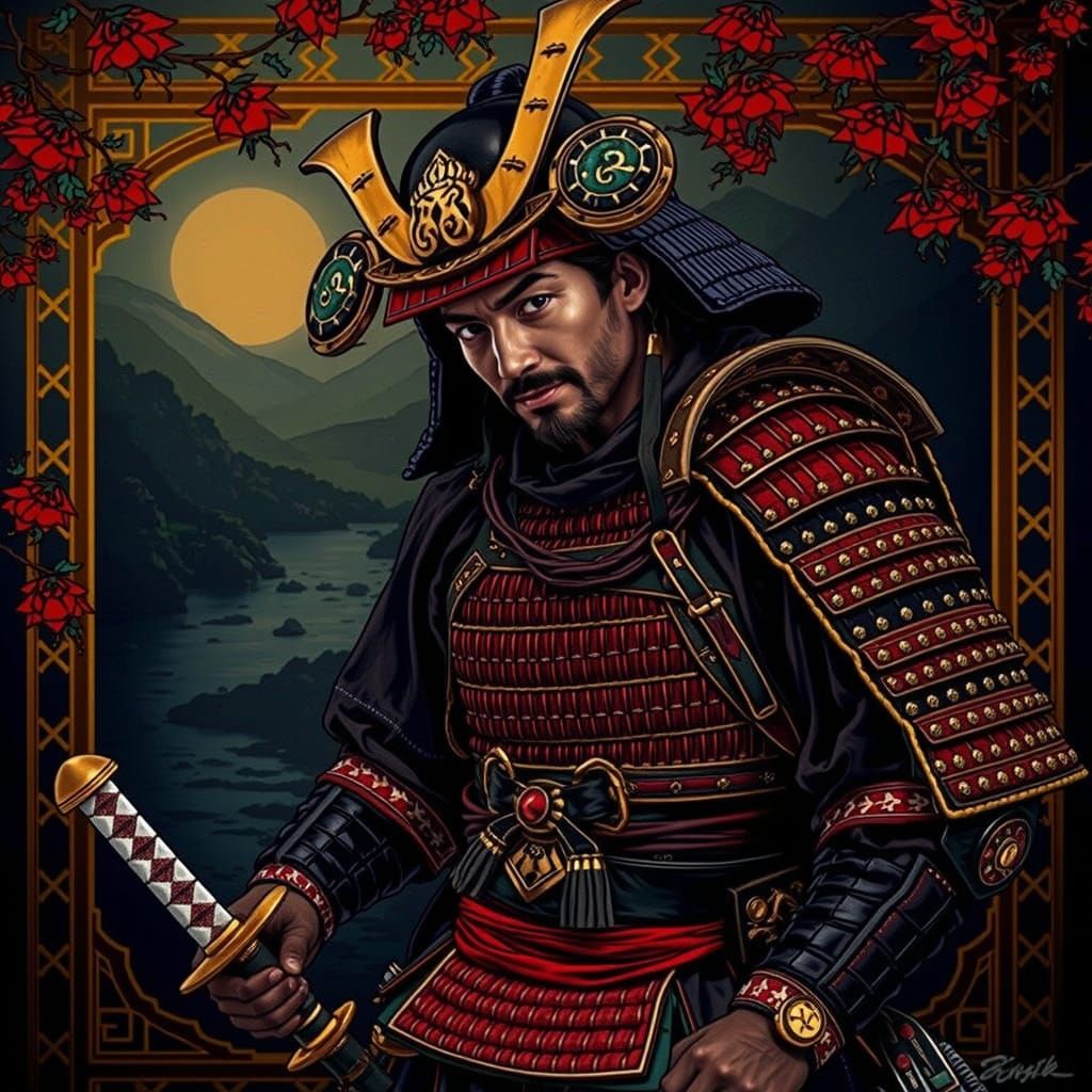 Imposing Samurai in Traditional Armor with Katana