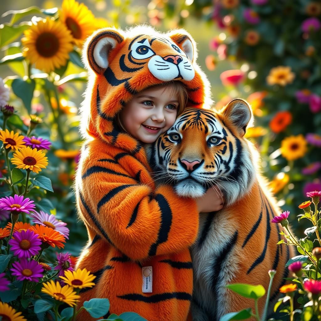 Girl Embraces Tiger in Lush Fantasy Garden