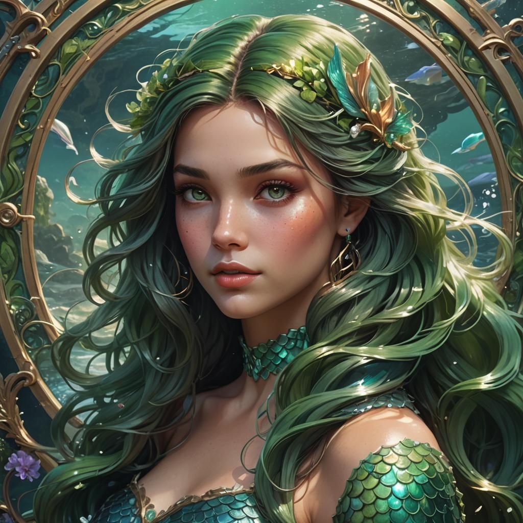 Hyperdetailed Mermaid Portrait in Green Tones