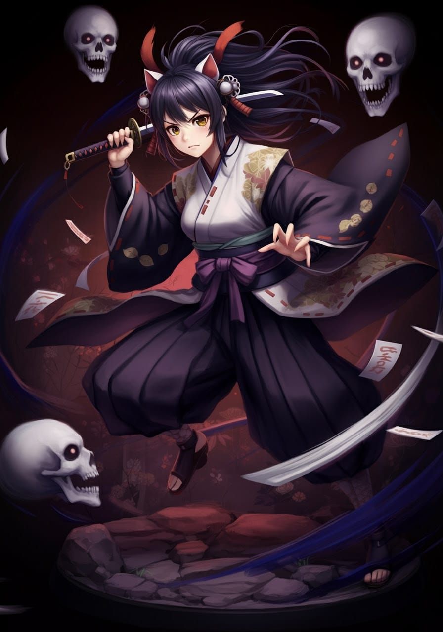 Anime Ghost Slayer Girl Fighting Ghosts with Wakizashi