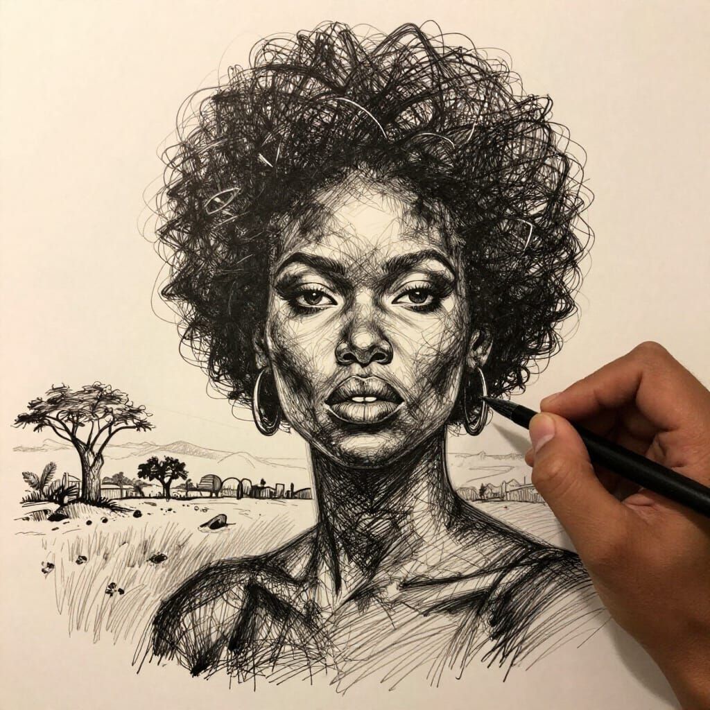 Afro Woman Artwork Drawn with Scribbles and Lines