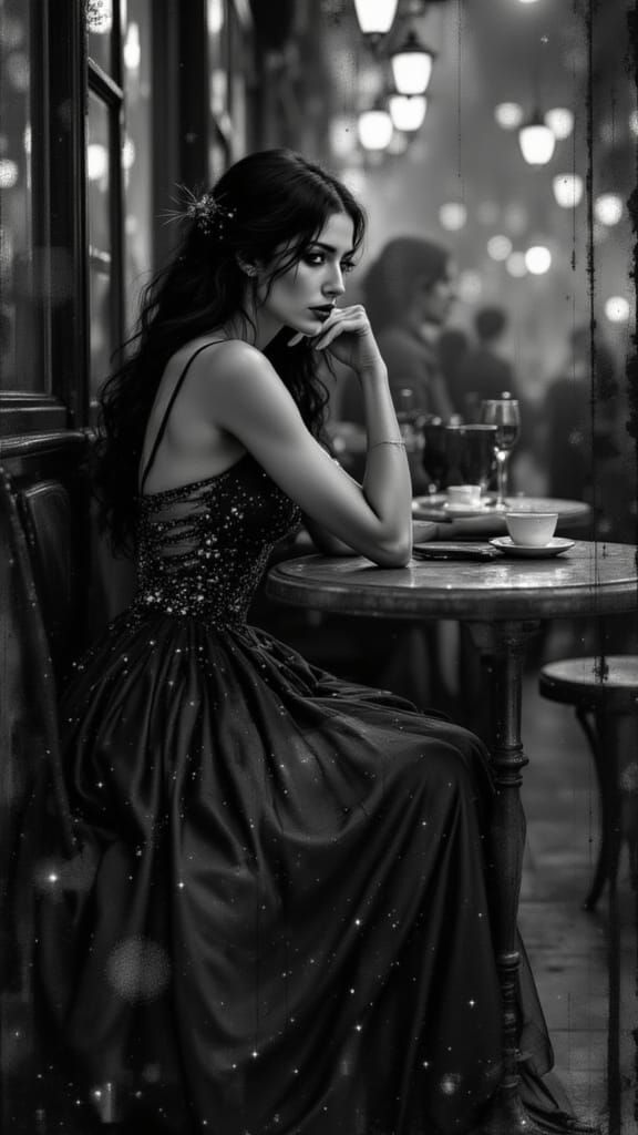 Ethereal Woman in Cafe, Corrupted Fresco Style