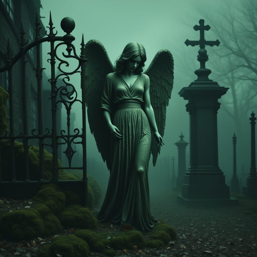 Eerie Angel Statue in Foggy Cemetery, Film Noir Style