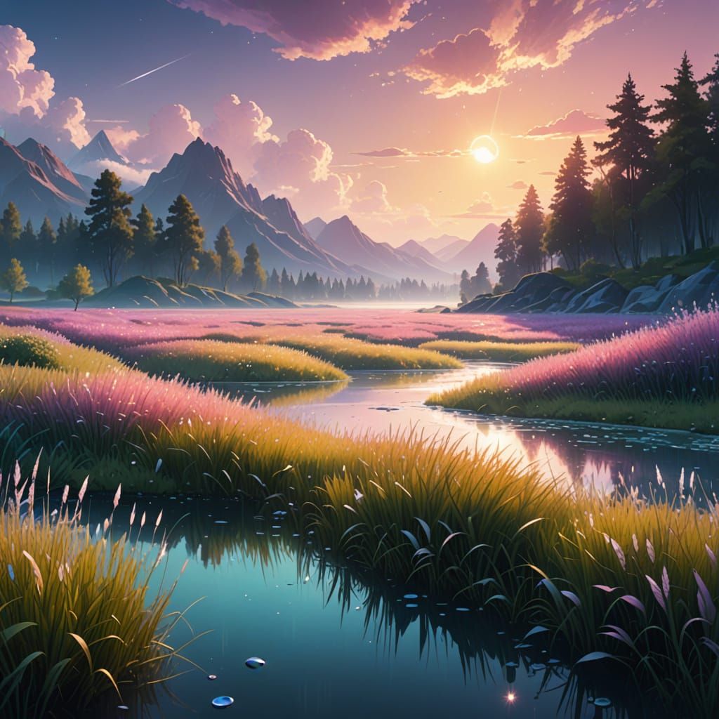 Iridescent Crystal Landscape with Flowing Water