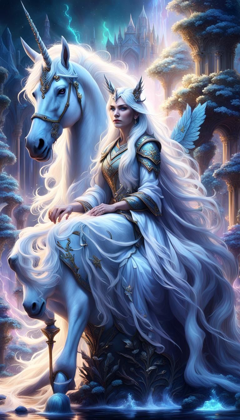 Magical Lady on Unicorn in Mystical Landscape