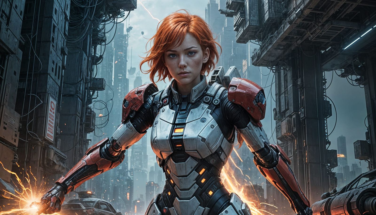 Fashion Model in Power Armor Unleashes Energy Strike