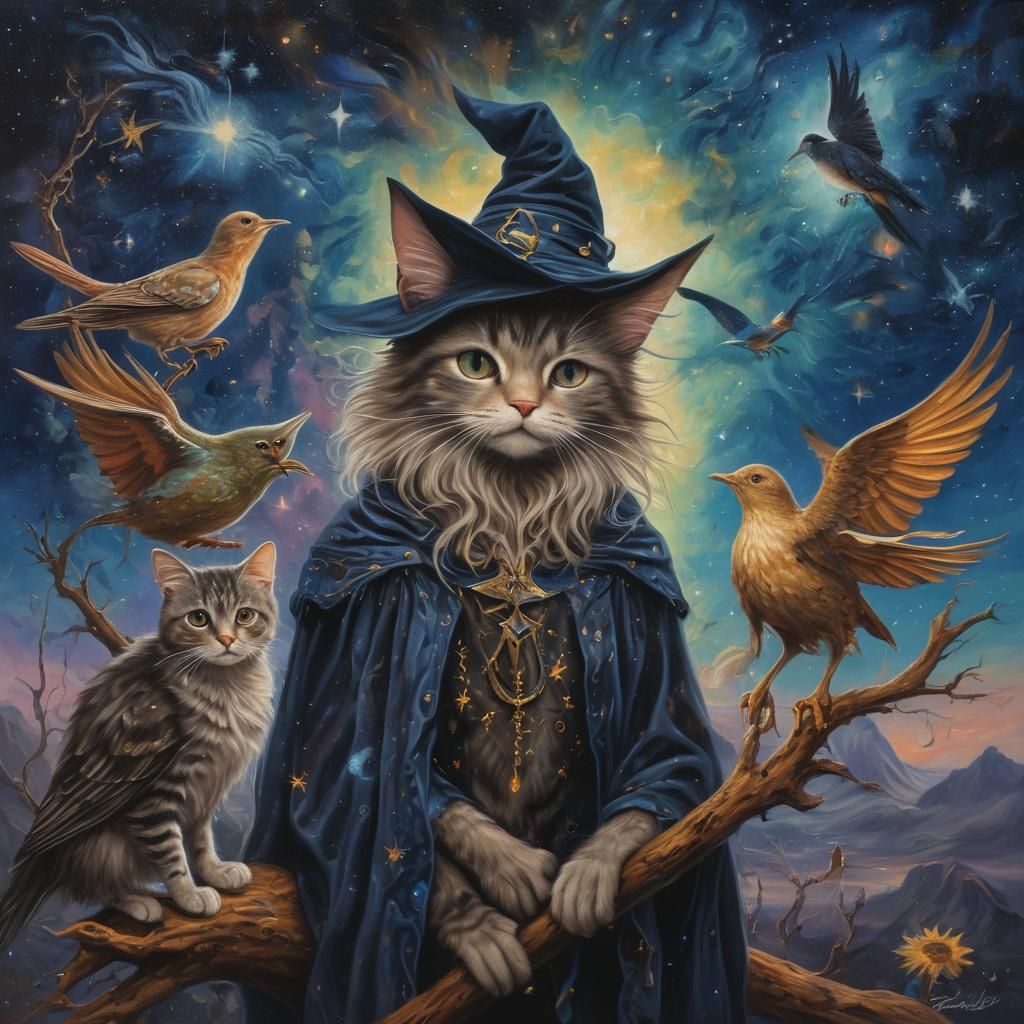 Surreal Celestial Wizard and Kitten in Dreamlike Landscape