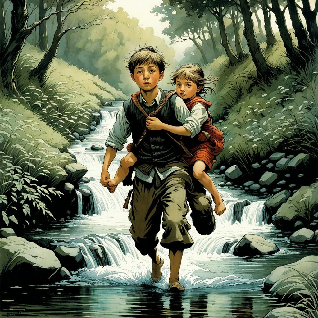 Brother and Sister's Stream Adventure: Golden Age Illustrati...