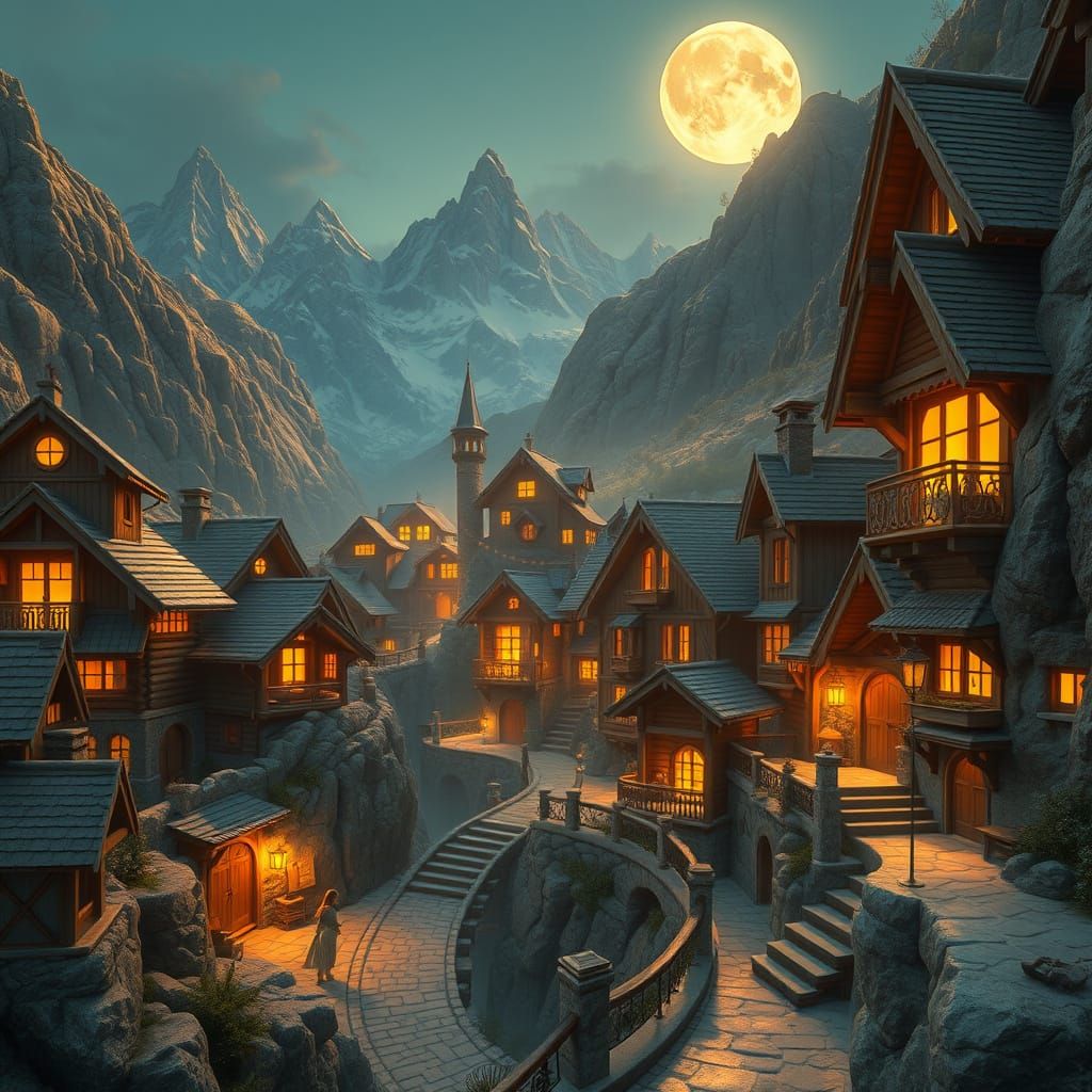 Mountain Village Under Evening Moonlight in Art Nouveau Styl...