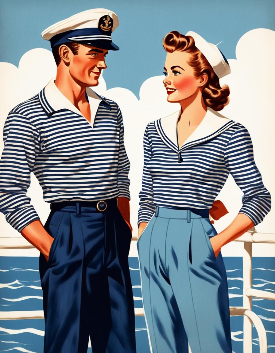 Retro Sailor Couple Illustration in Mid-Century Style