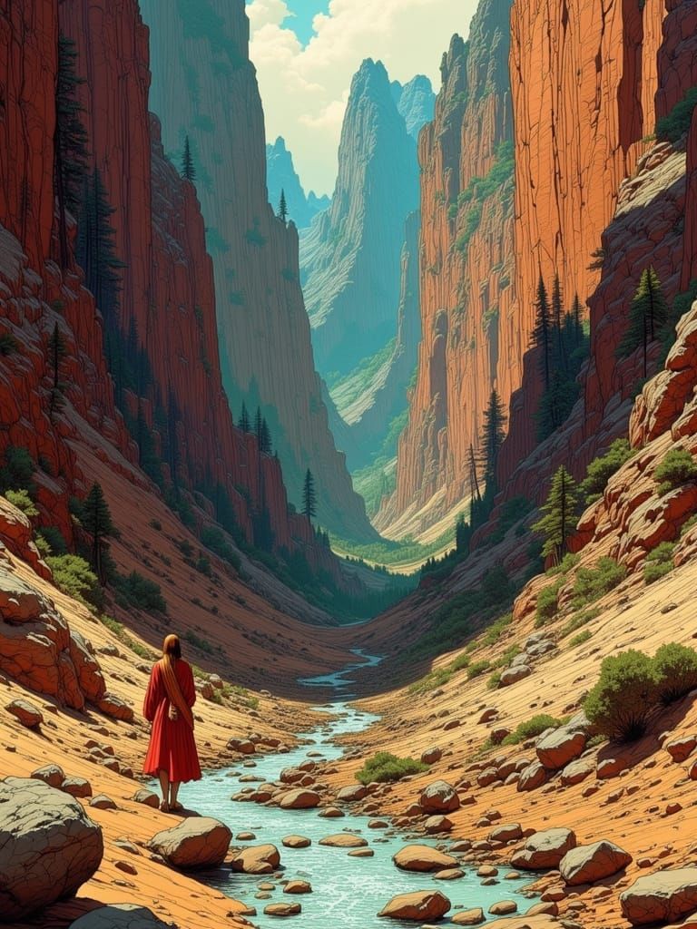 Alien Desert Canyon with Forest, Digital Art
