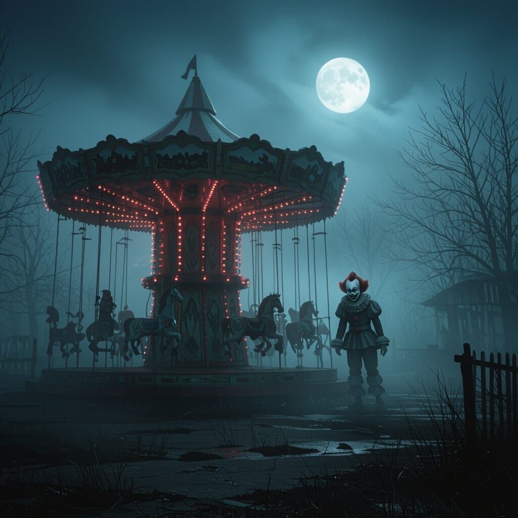 Creepy Clown Lurks on Abandoned Carnival Carousel