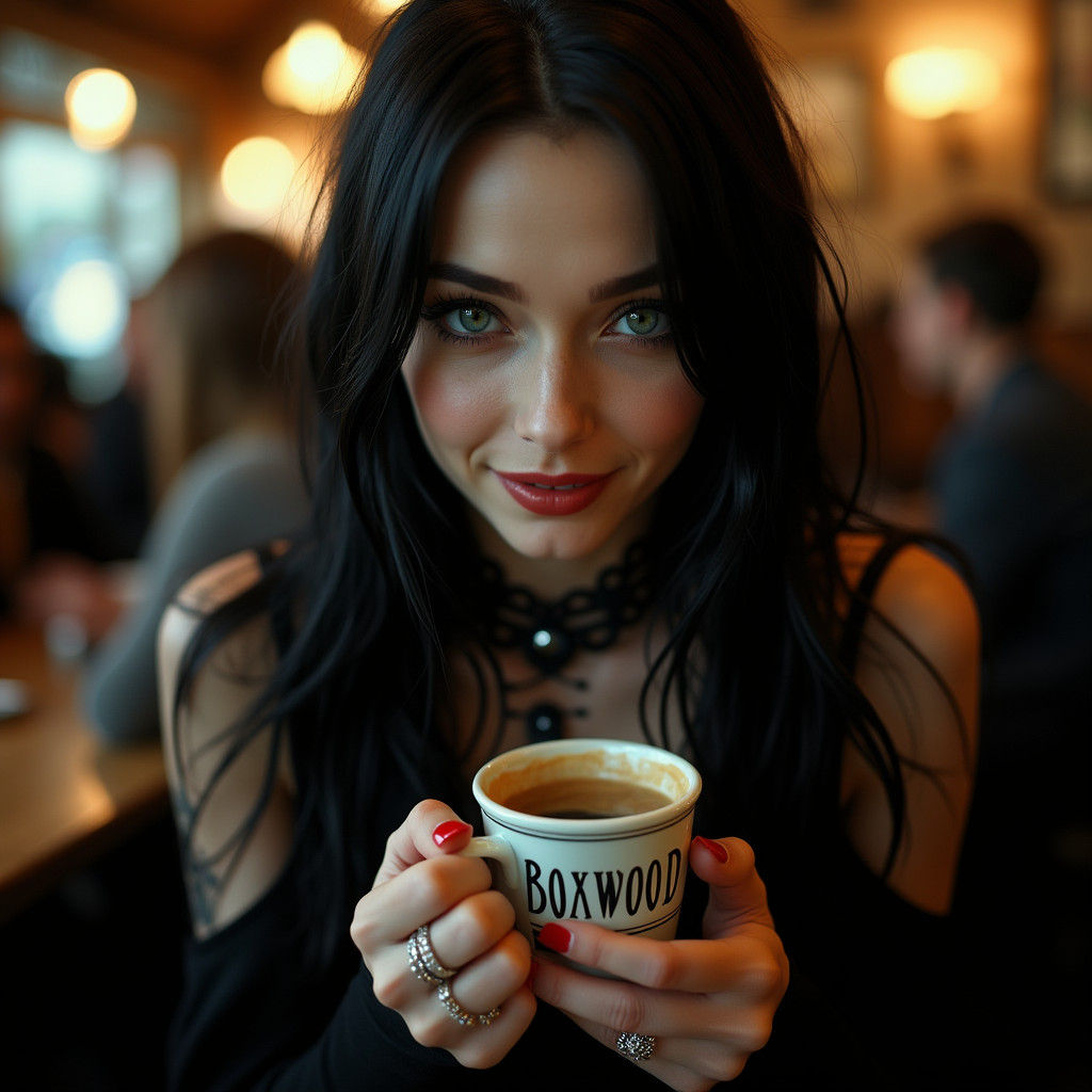 Gothic Vampire Woman in Cafe Advertising Boxwood