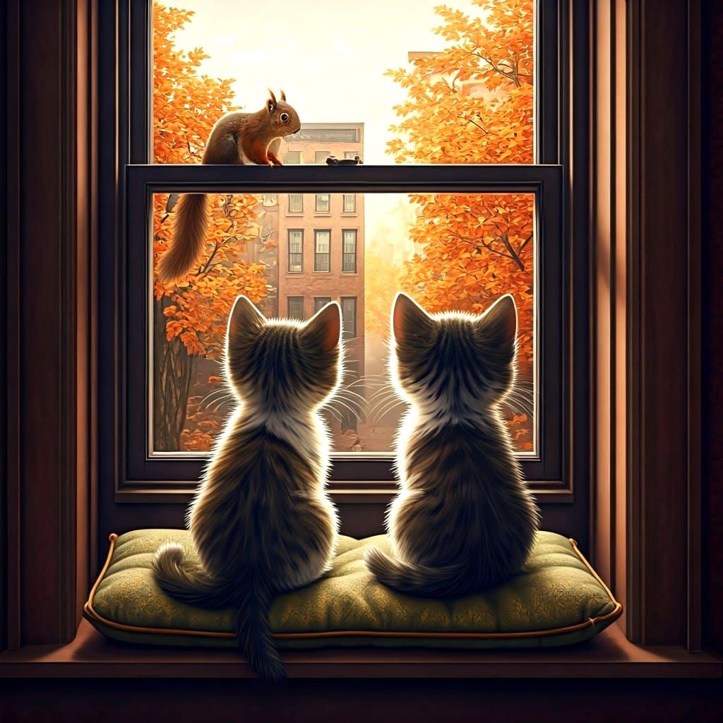 Chibi Kittens in Brooklyn Brownstone, Watercolor Illustratio...