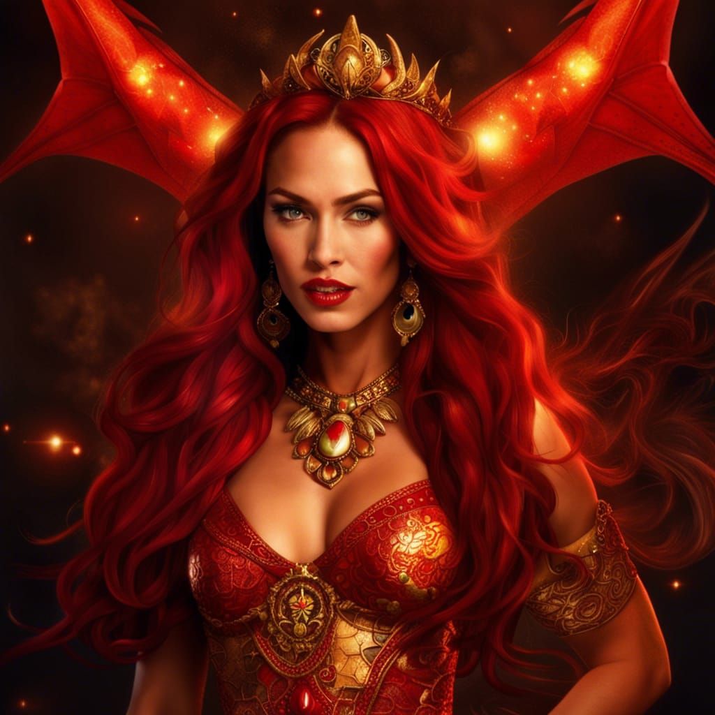Red Dragon Goddess with Fireballs: Fantasy Art