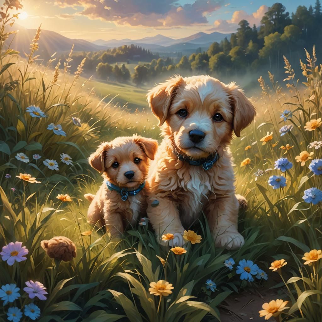Puppy and Teddy Bear in Fantasy Meadow