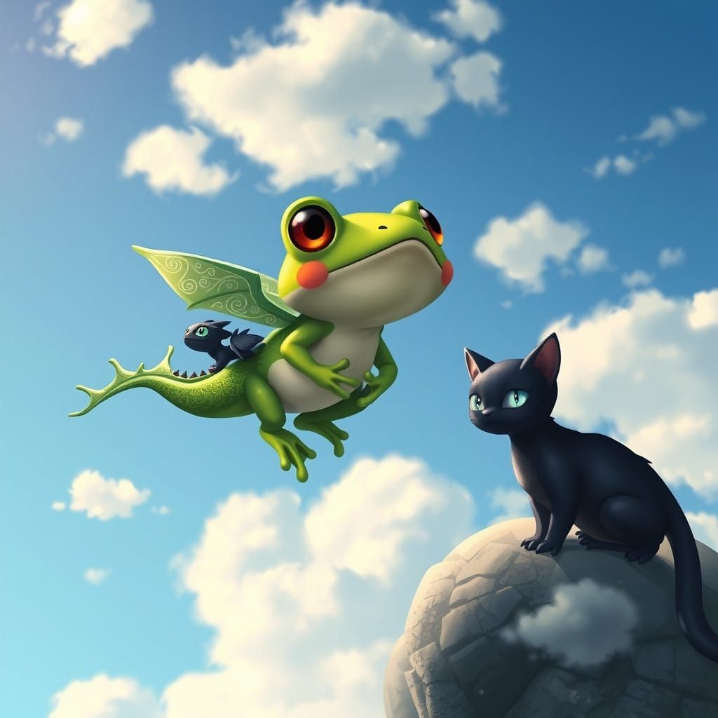 Whimsical Frog and Dragon Friends Soar Through Dreamy Skies
