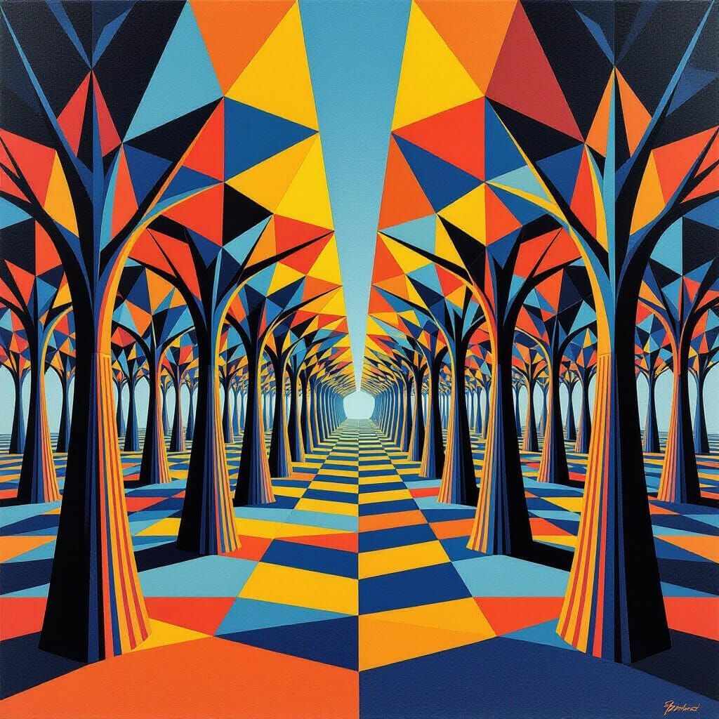 Geometric Forest in Op Art Style with Symmetrical Rows