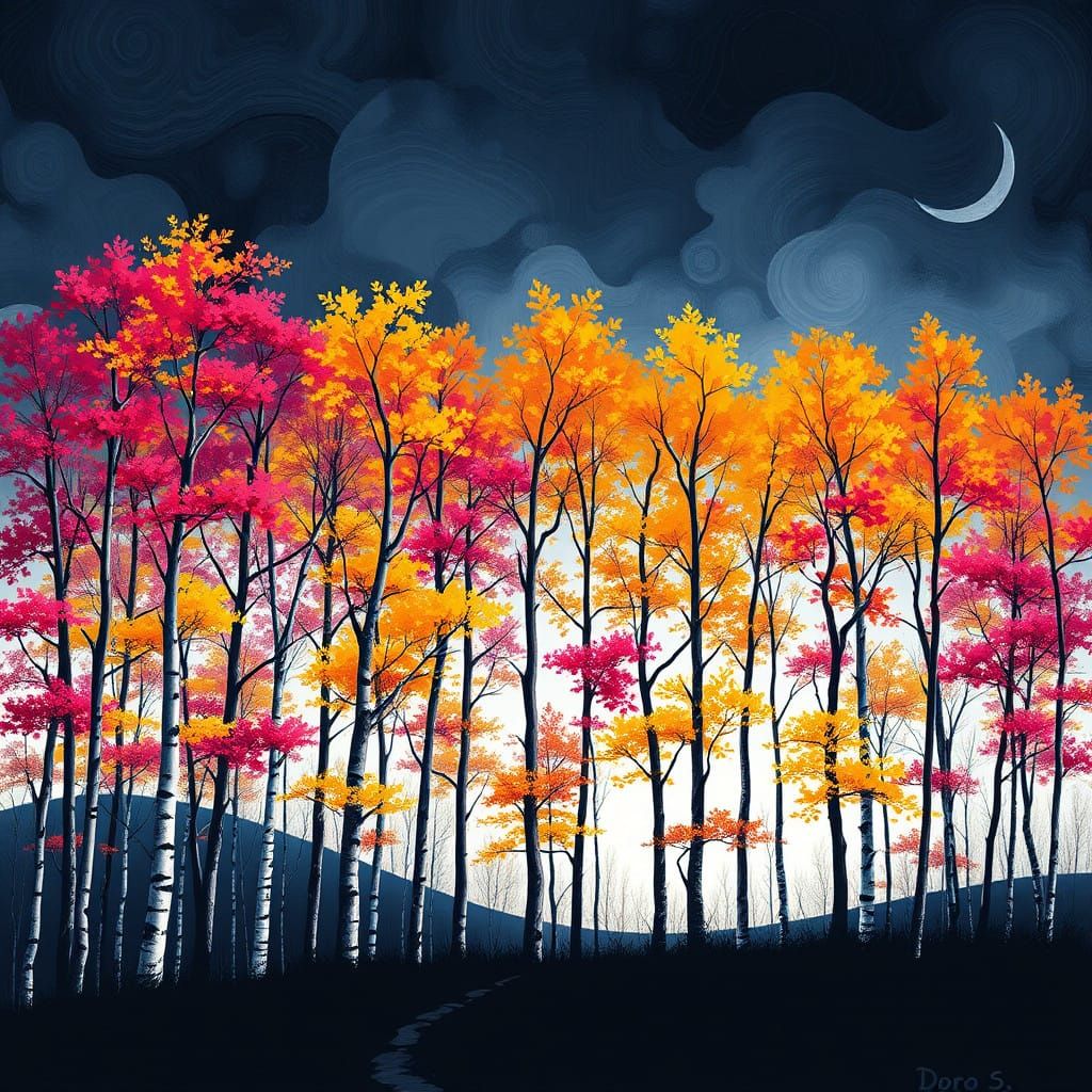 Bold Birch Trees in Art Deco Style with Vibrant Leaves and D...