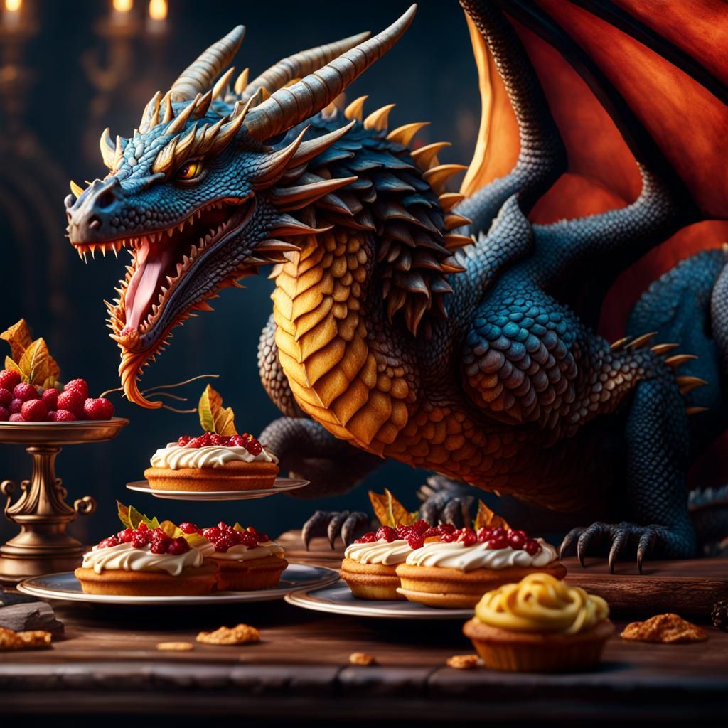Fantastical Dragon Eating Pastry in Matte Painting
