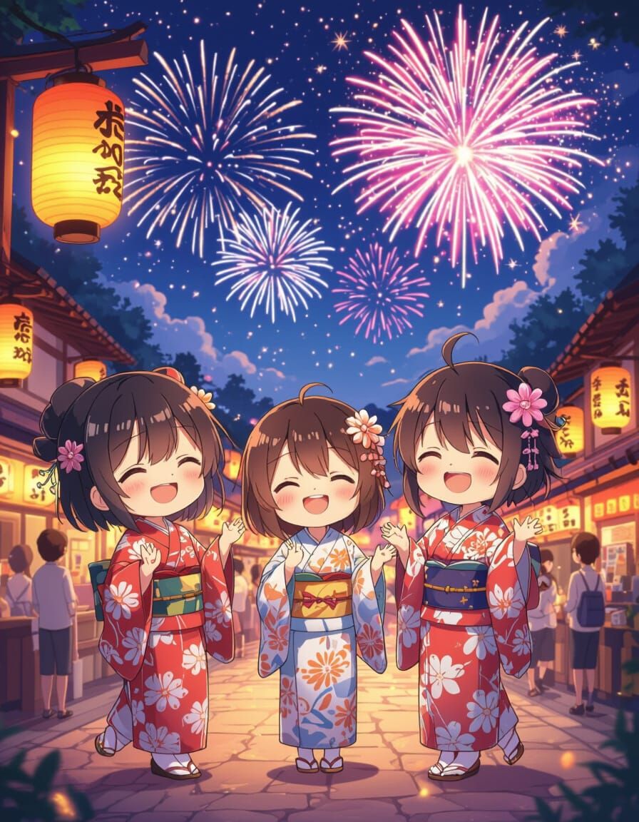 Chibi Anime Characters at a Festive Japanese Night