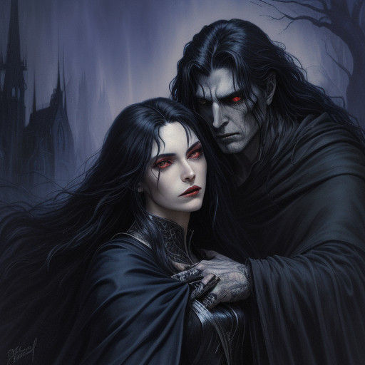 Ethereal Vampire Embracing a Hypnotized Man in a Moody, Goth...