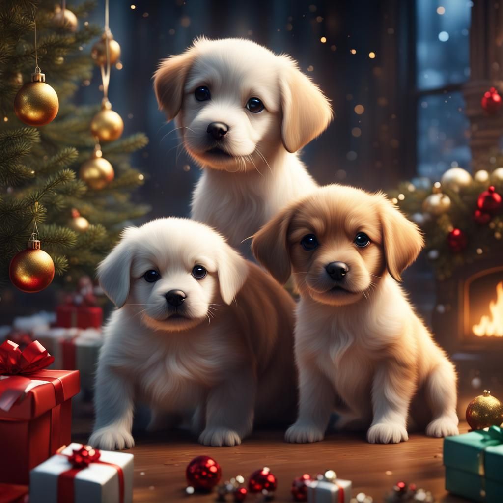 Adorable Christmas Puppies: Detailed Matte Painting