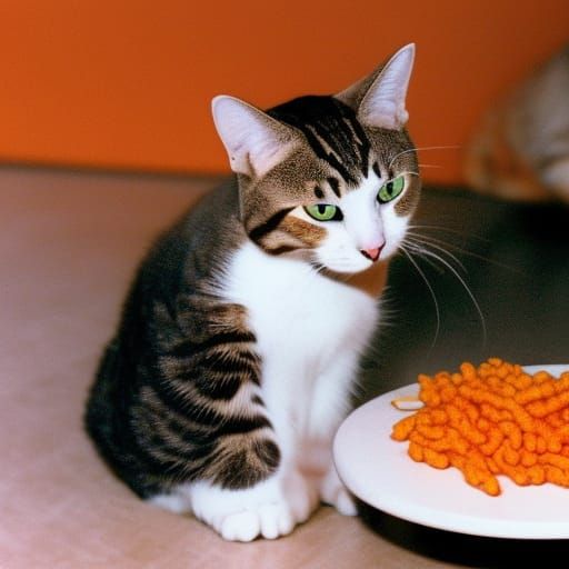 Realistic photo of a cat eating Cheetos