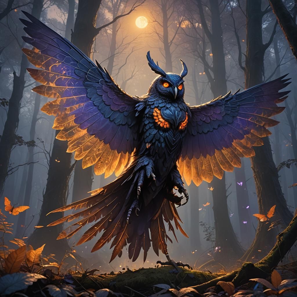 Mothman Spreads Wings in Moonlit Forest: Digital Art