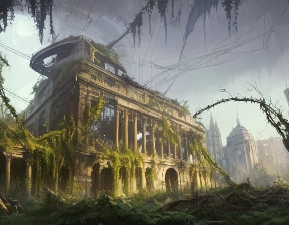 post-apocalyptic building overgrown