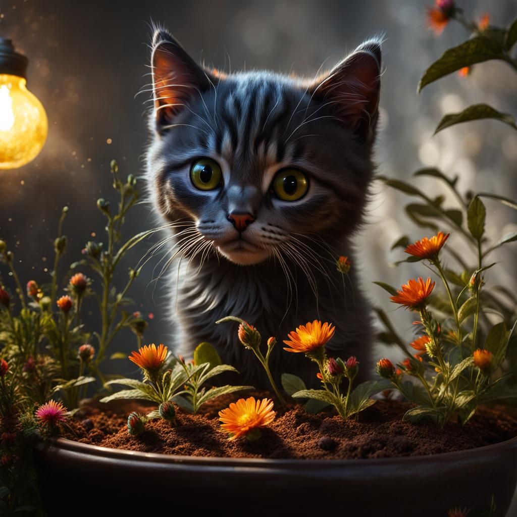 Cute Kitten with Wildflowers in Photorealistic CGI
