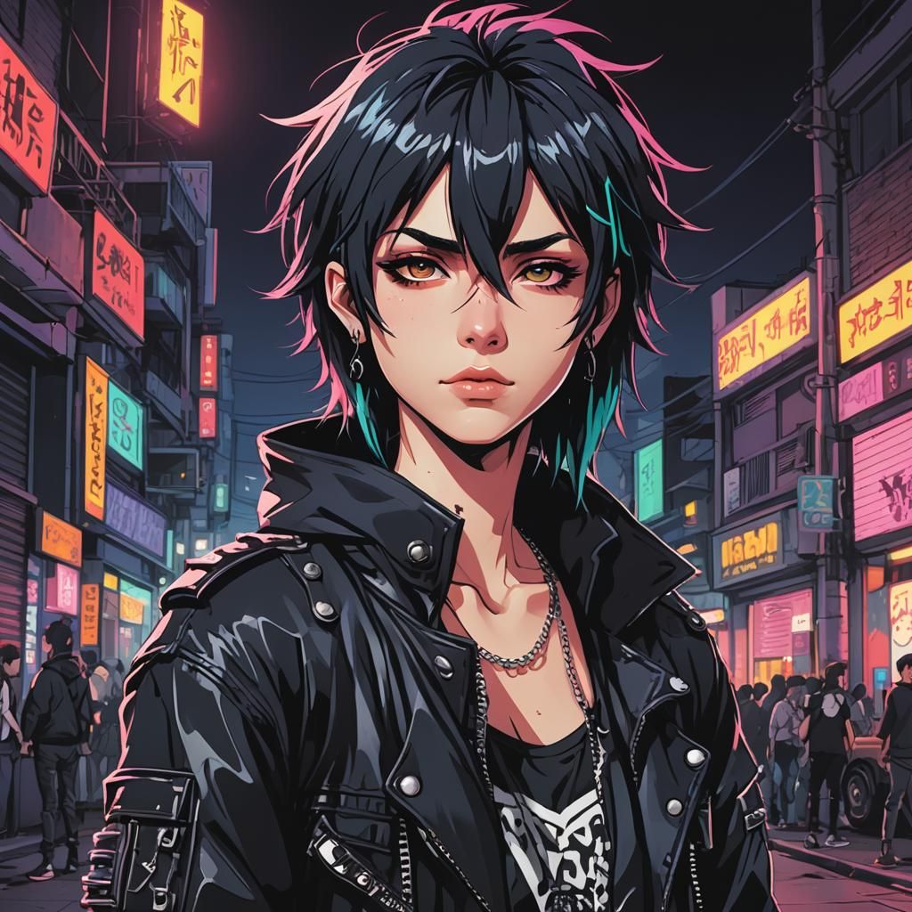 Goth Teen Rocker with Shaggy Emo Hair in Anime Style