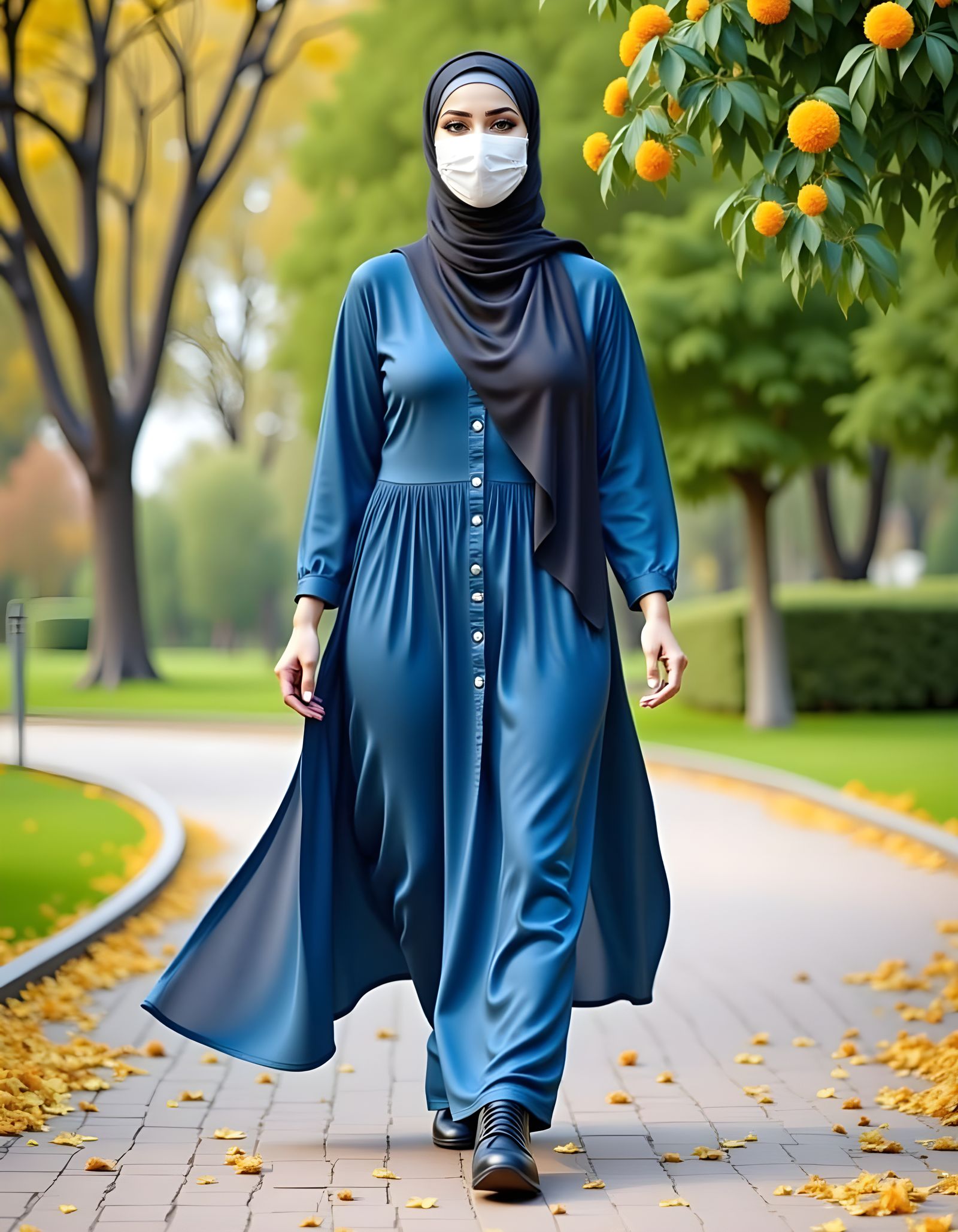 Elegant Hijabi Woman Strolls in a Serene Park Setting