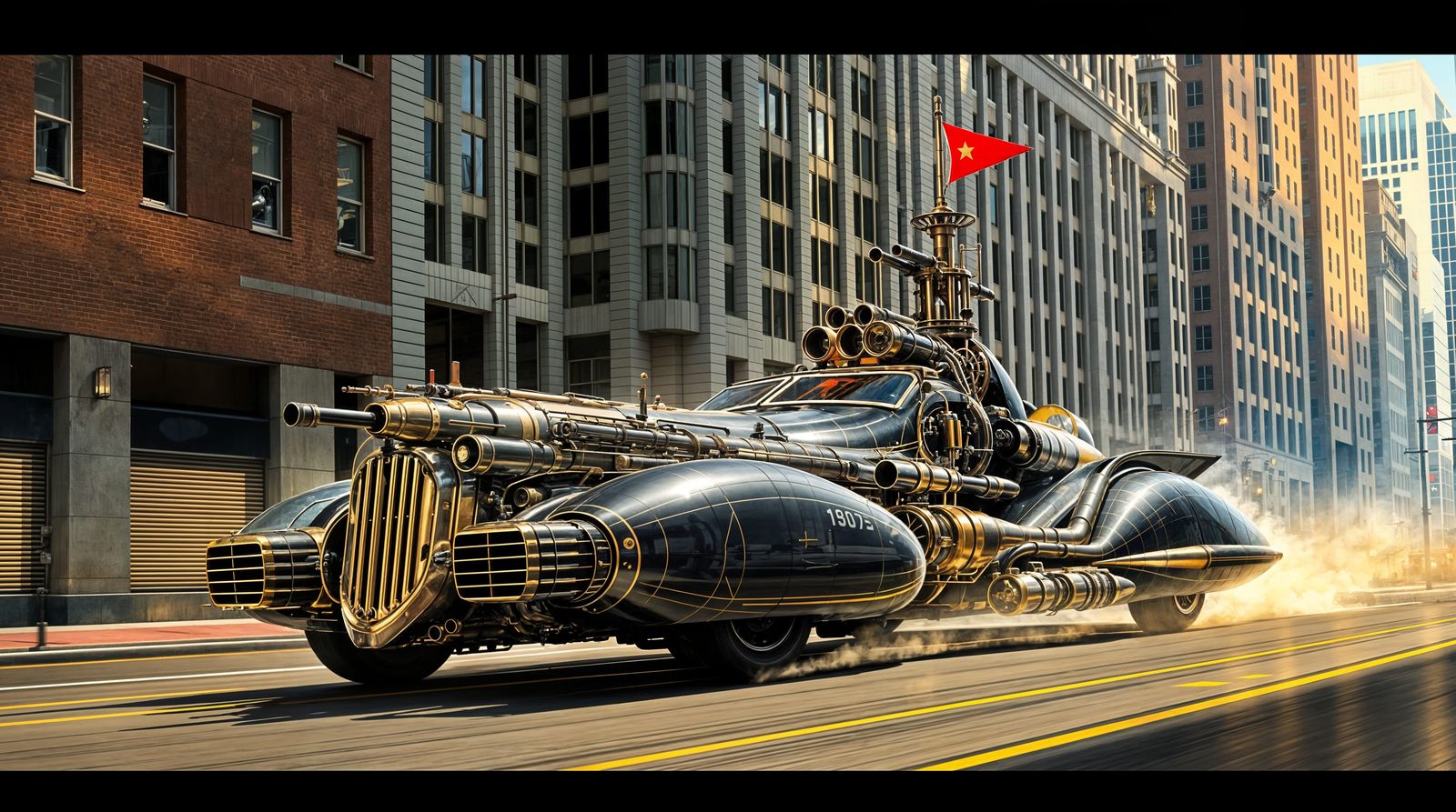 Steampunk Car with Machine Guns in Art Deco City