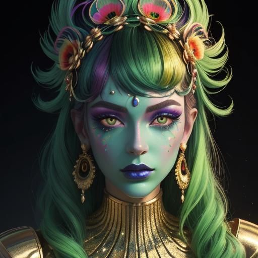 Golden Woman with Peacock Feathers in Candy Art Style