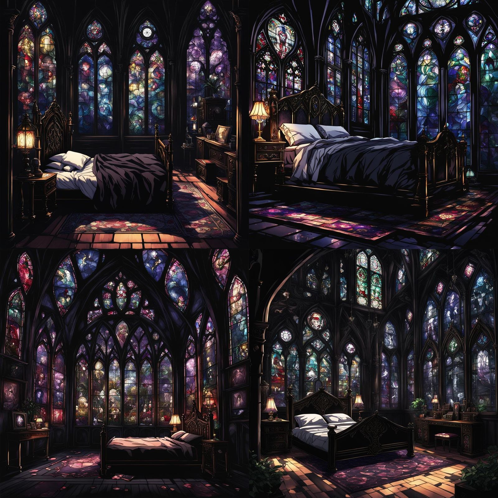 Gothic Bedroom with Stained Glass in Anime Style