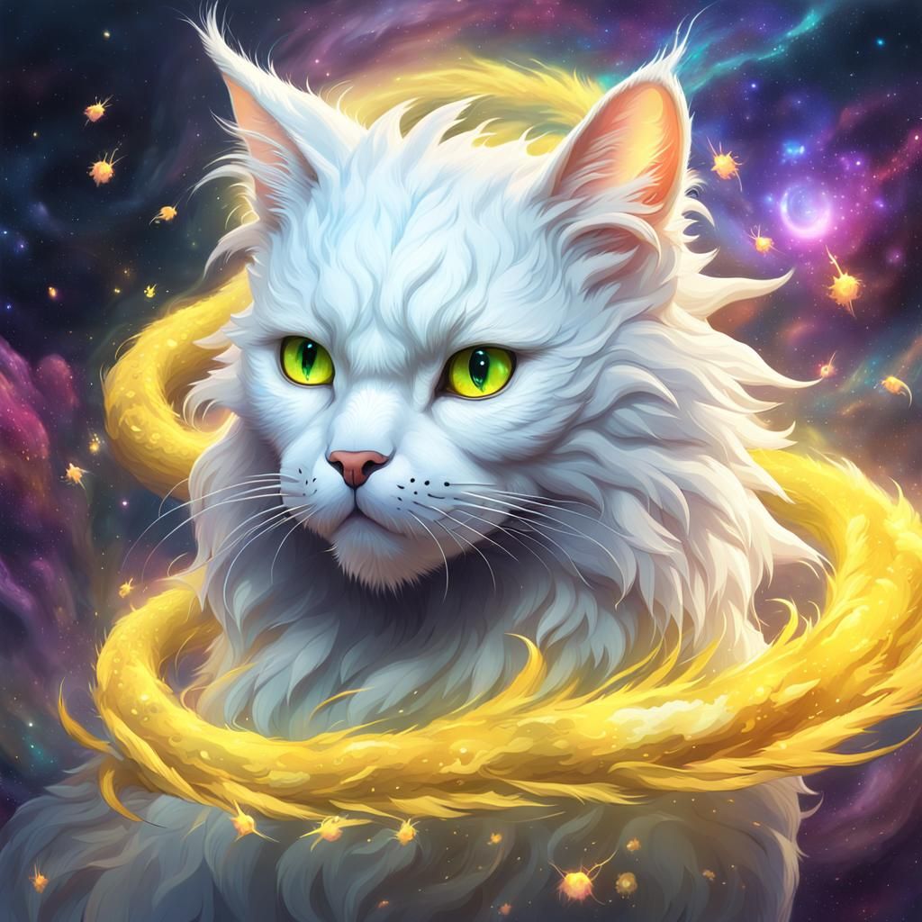 Hyper realistic cute fluffy white and yellow Cat Dragon fant...
