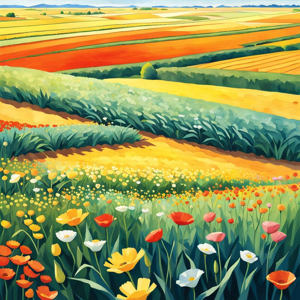 Golden Ratio Flower Fields in Watercolor Style