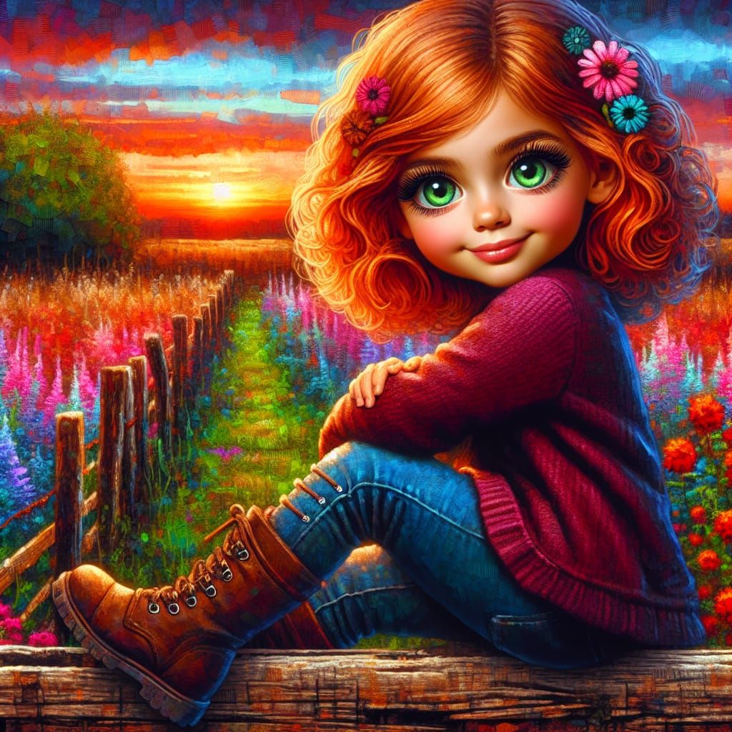 Girl on Fence Watching Sunset, Airbrushed Oil Painting