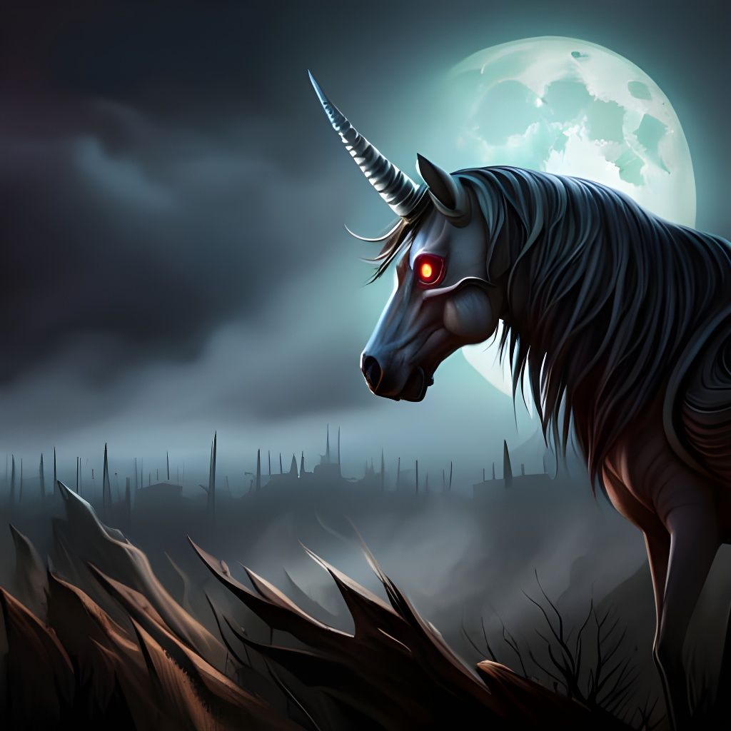 Eerie Skeleton Unicorn Portrait in Dark Forest