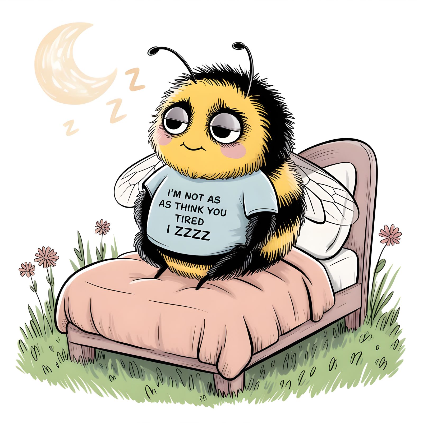 Cute Tired Bumblebee in Bed: Pen and Ink Drawing