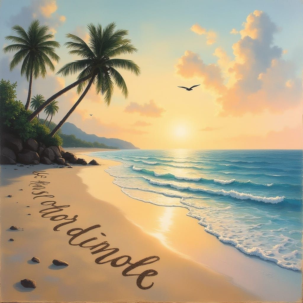 Dreamy Beach Scene with Soft Palm Trees and Ephemeral Sand W...