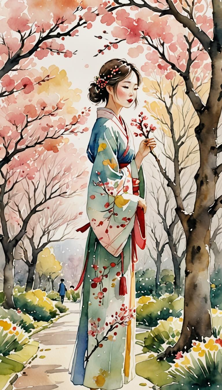 Korean Girl in Hanbok with Cherry Blossoms Watercolor