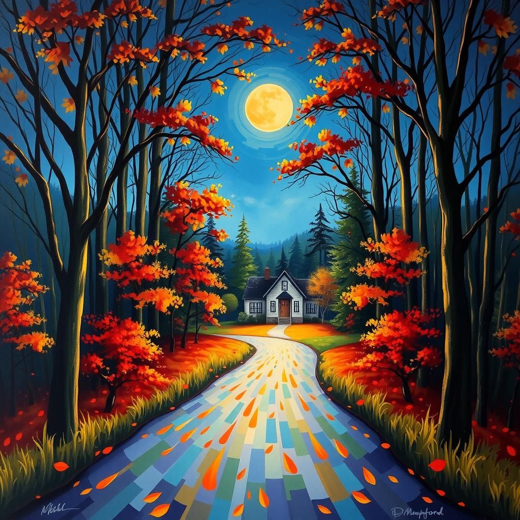 Country Road Oil Painting at Night